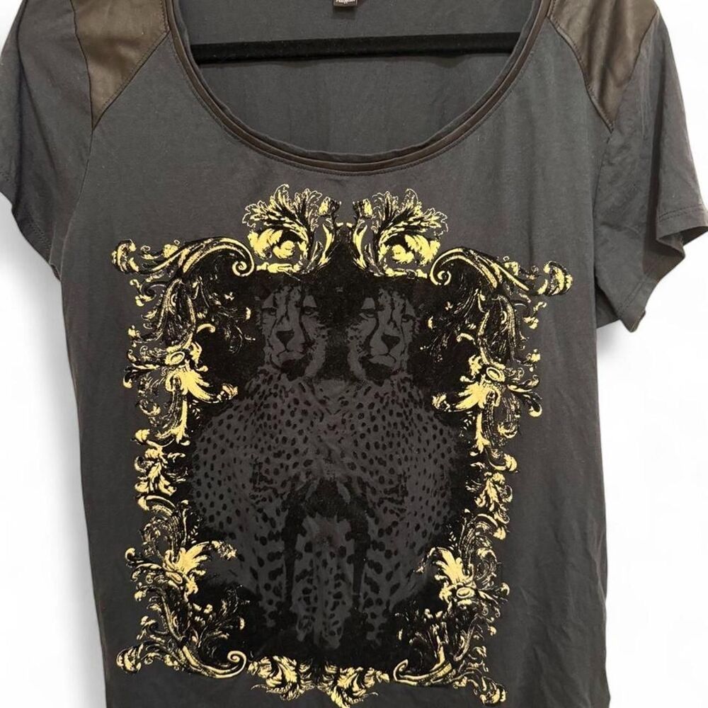 Rock & Republic Women's Black & Grey Cheetah Pleather Unique T-shirt
